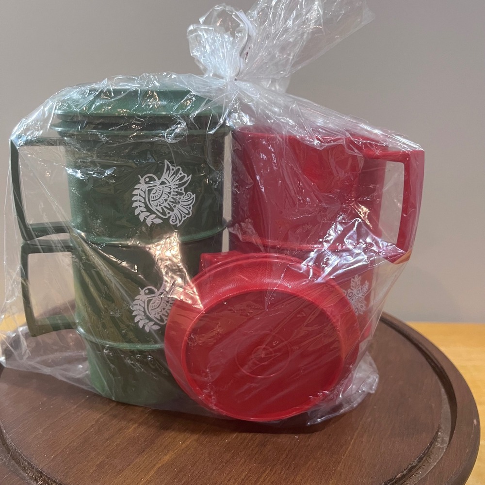 Vtg Tupperware Christmas Stacking Mugs Red Green Snowflake Bird Set of 4 Lids